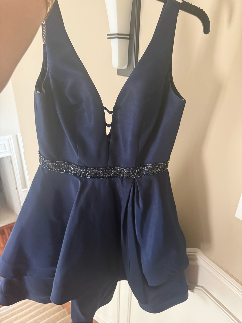 Camille La Vie Navy Beaded V-Neck Prom Dress